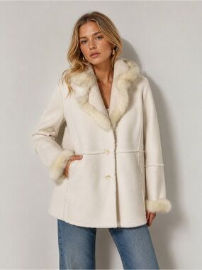 Regent Park Genuine Fur Trim Cream Faux Suede Coat Old Money Eskimo Feminine
